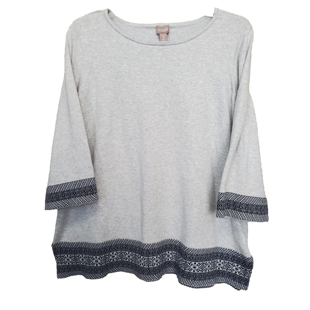 Chico's Cotton Blend Heathered Gray Border Print Knit Tunic Size 3 (XL)